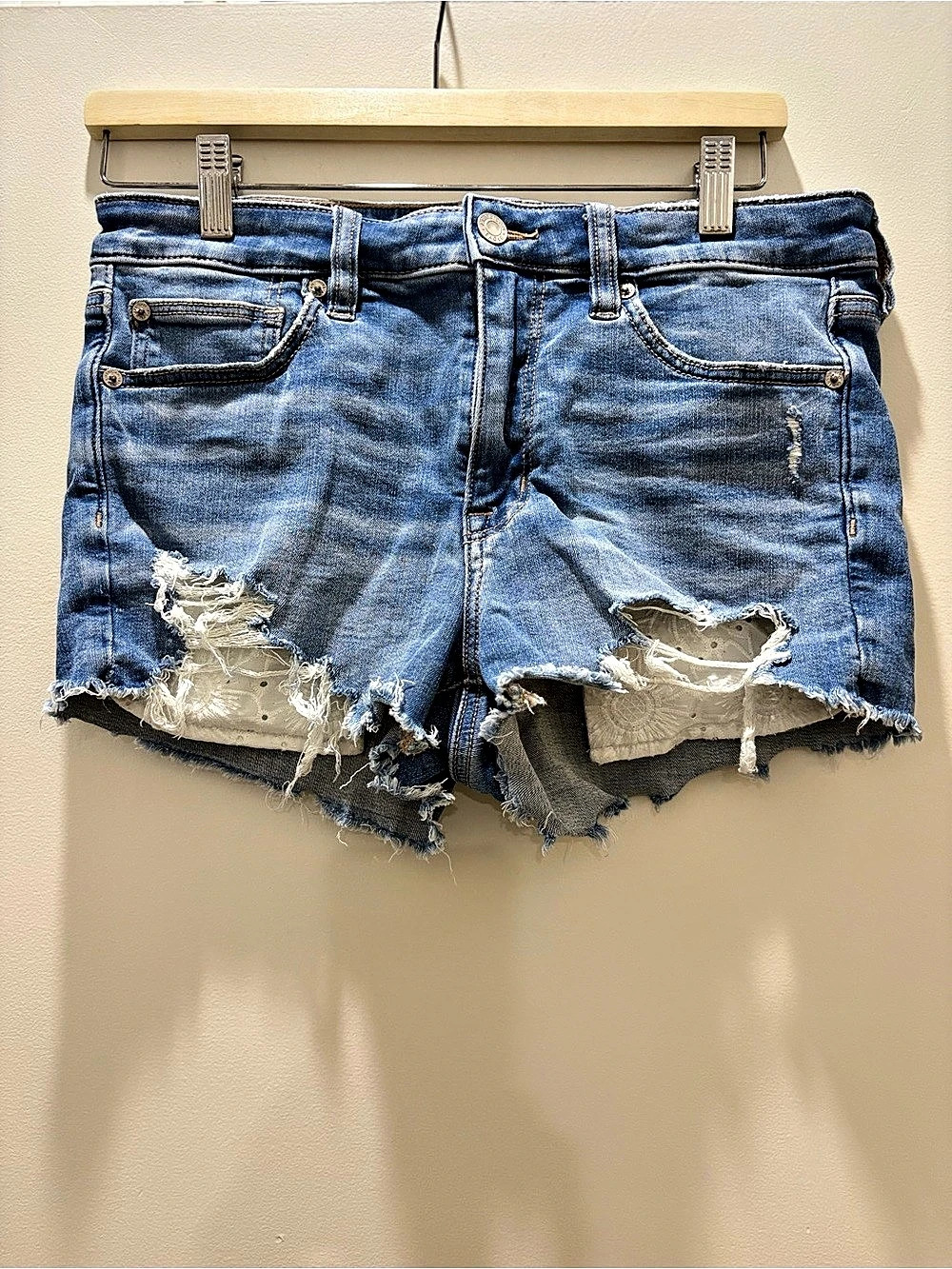 American Eagle Outfitters Hi-Rise Next Level Stretch Lace Pocket Denim Shorts Di